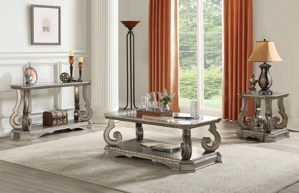 Wooden Coffee Table With Inserted Glass Top And Scrolled Legs, Silver And Clear