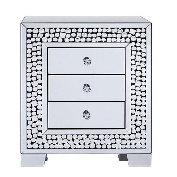 3 Drawer Nightstand With Mirror Panel And Faux Gem Inlays, Silver