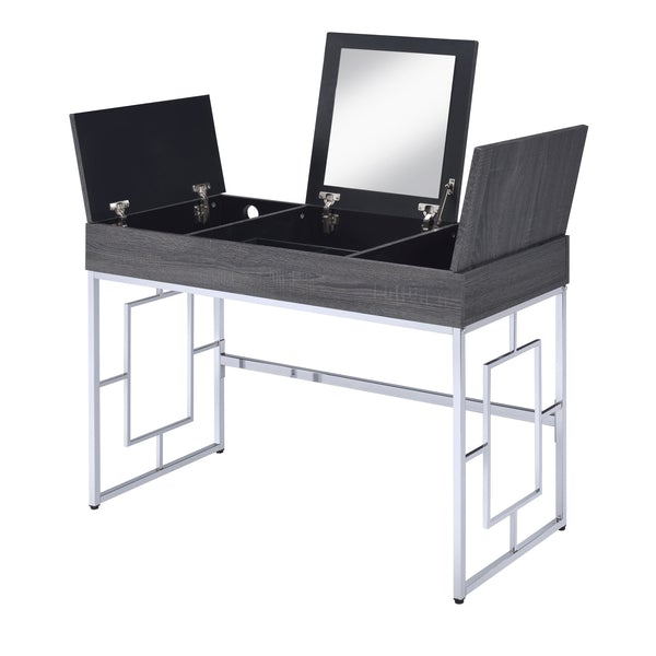 Wooden Vanity Desk With Three Storage Compartments And Metal Legs, Gray And Silver BM196705