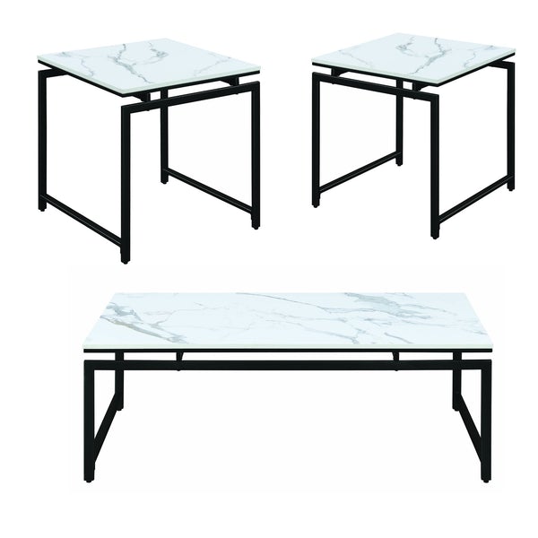 3 Piece Metal Base Occasional Table Set With Faux Marble Top, Black And White