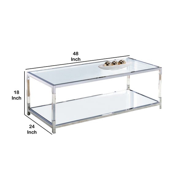 Glass Top Metal Coffee Table With Open Bottom Shelf, Silver And Clear