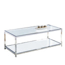 Glass Top Metal Coffee Table With Open Bottom Shelf, Silver And Clear