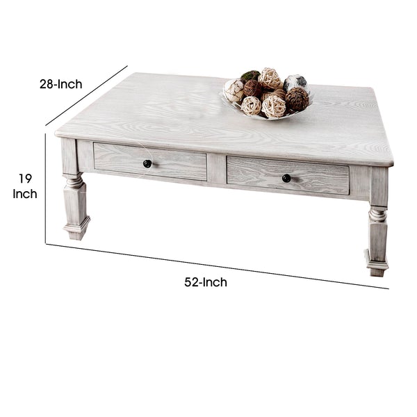 Transitional Wooden Coffee Table With Turned Legs And 2 Drawers, White