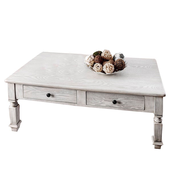 Transitional Wooden Coffee Table With Turned Legs And 2 Drawers, White