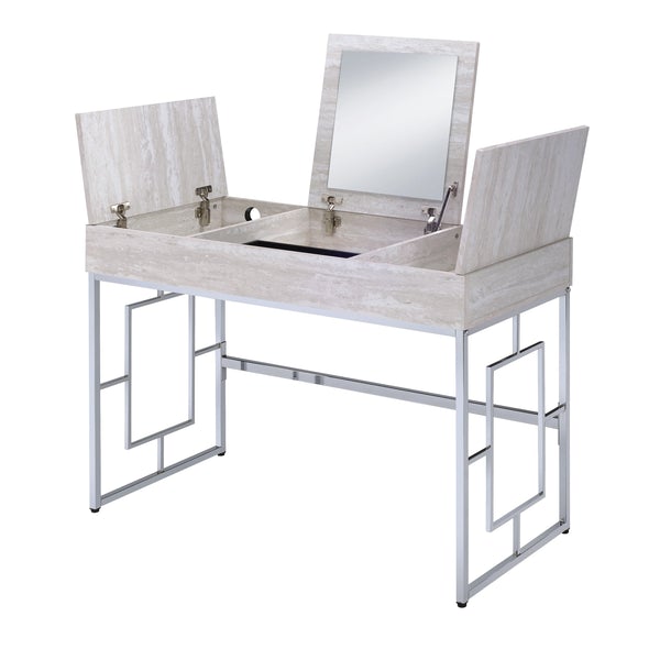 Wood And Metal Vanity Desk With Lift Top Compartments,Silver And Brown