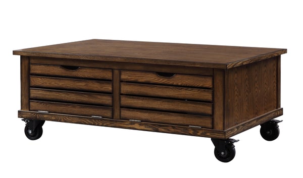 Wooden Coffee Table With Drop Down Storage And Caster Wheels, Brown