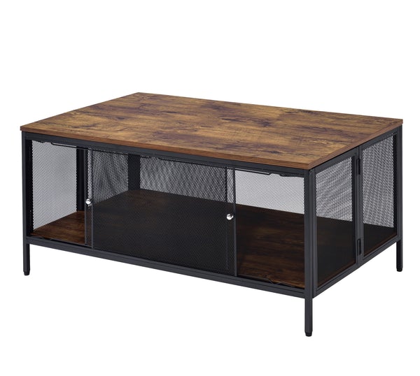 Metal Coffee Table With 1 Bottom Shelf And Mesh Design, Brown And Gray