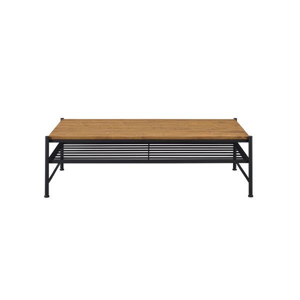 Metal And Wood Coffee Table With Slatted Bottom Shelf,Brown And Black