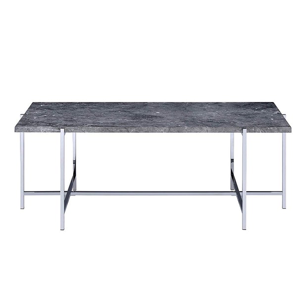 Marble Top Coffee Table With Trestle Base , Gray And Silver
