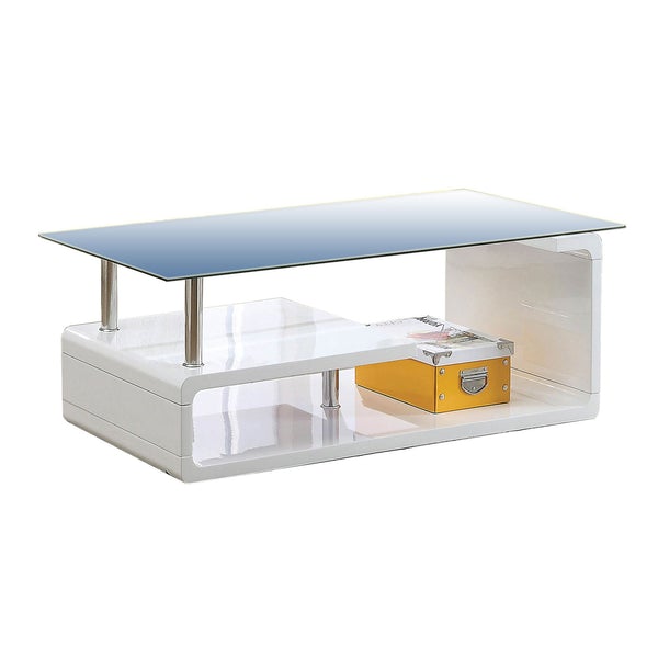 Contemporary Coffee Table With Multi Level Curled Open Shelf, White