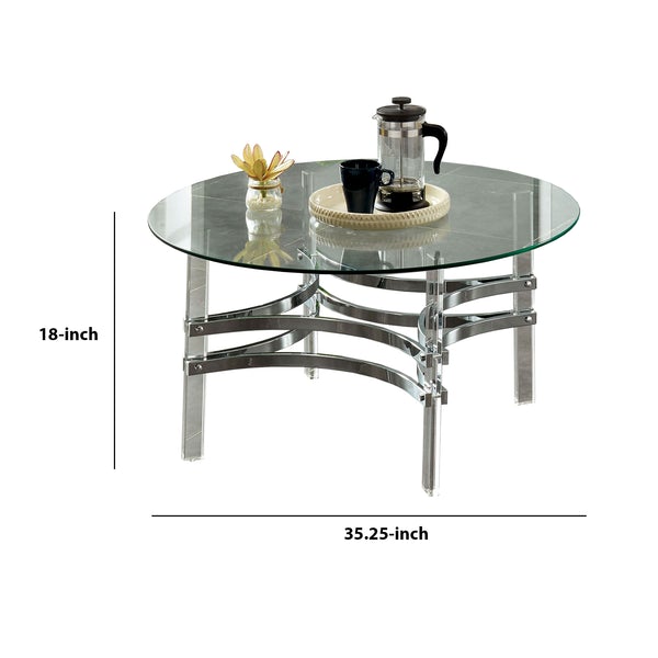 Coffee Table With Acrylic Legs And Metal Supports, Silver And Clear