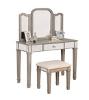 Wooden Vanity Set With 1 Drawer And Tri Fold Mirror, Gray And Silver