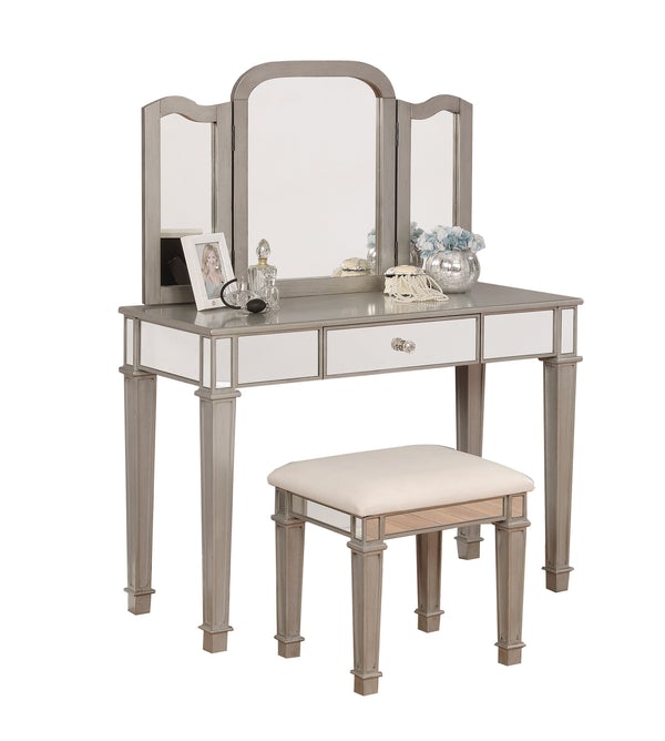 Wooden Vanity Set With 1 Drawer And Tri Fold Mirror, Gray And Silver