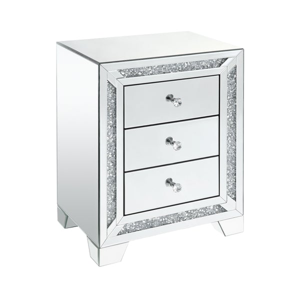 Wooden Night Table With Storage Space And Faux Diamonds Inlay, Silver