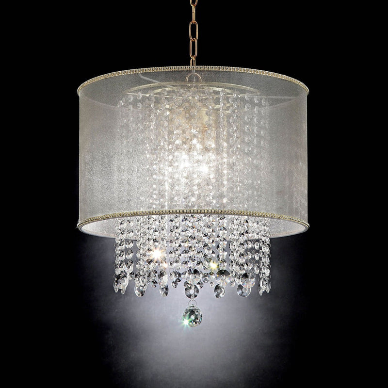 Ceiling Lamp With Hanging Crystal Droplets And White Drum Shade In White - BM208067
