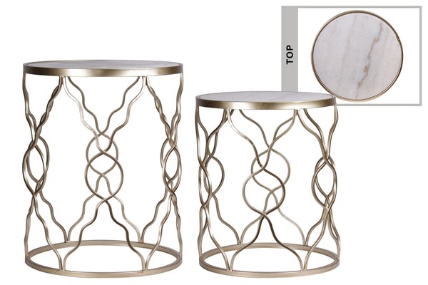 Marble Top Metal Table With Wavy Diamond Lattice Design, Set Of 2, Gold