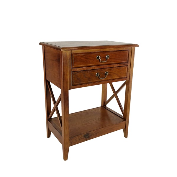 Wooden Nightstand With 2 Drawers And Criss Cross Sides, Brown