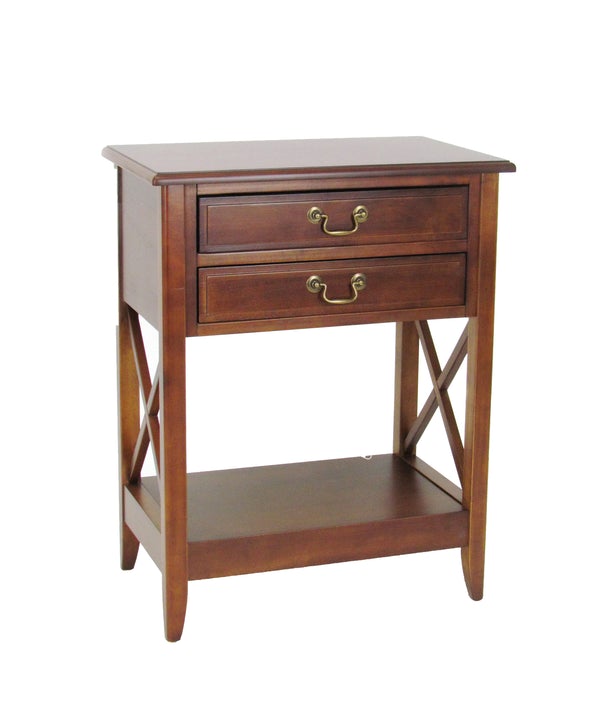 Wooden Nightstand With 2 Drawers And Criss Cross Sides, Brown