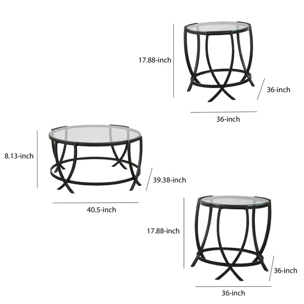 Contemporary Round Table Set With Glass Top And Geometric Metal Body In Black - BM213280
