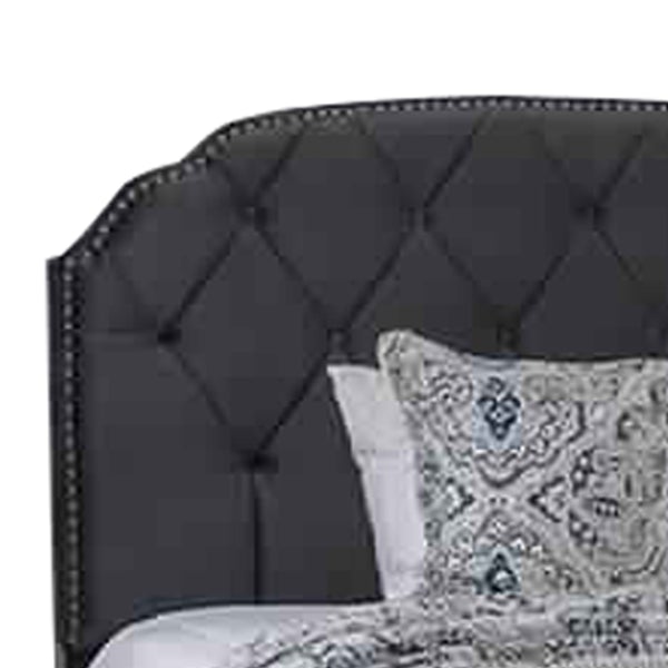 Fabric California King Bed With Camelback Headboard And Nailhead Trim,Gray