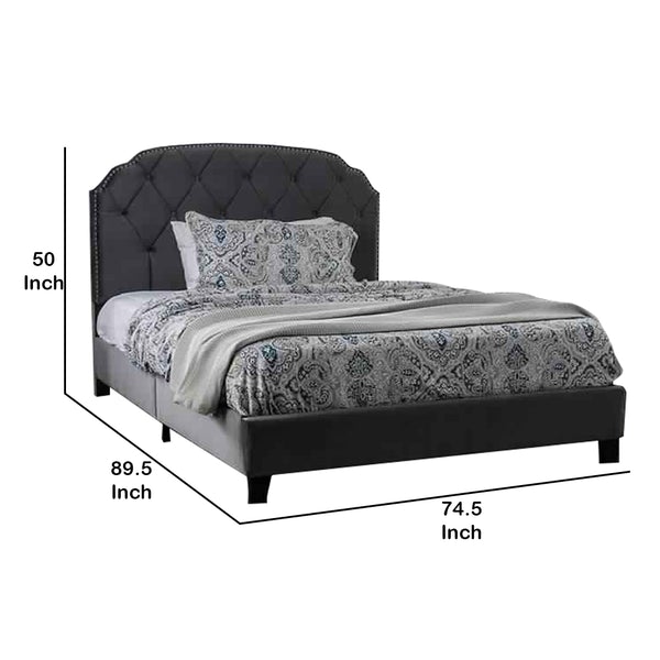 Fabric California King Bed With Camelback Headboard And Nailhead Trim,Gray