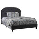 Fabric California King Bed With Camelback Headboard And Nailhead Trim,Gray