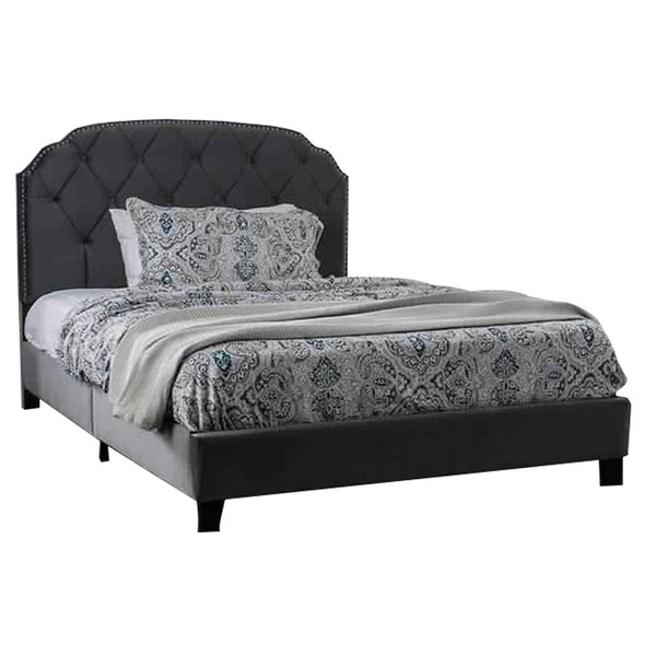 Fabric Queen Size Bed With Camelback Headboard And Nailhead Trim, Gray