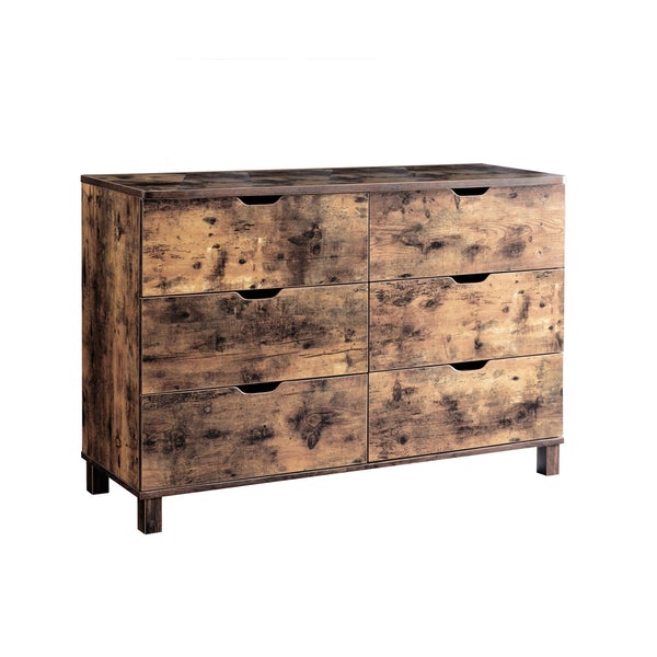 Wooden Frame Dresser With 6 Drawers And Straight Legs, Distressed Brown