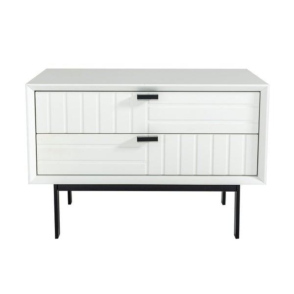 2 Drawers Wooden Nightstand With Metal Bar Pulls, White And Black
