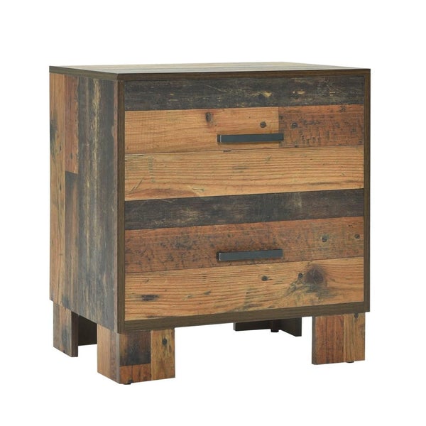 2 Drawer Rustic Nightstand With Nails And Grain Details, Dark Brown