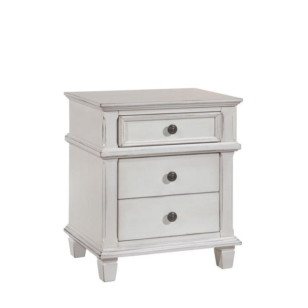 3 Drawer Farmhouse Style Nightstand With Metal Knobs And Tapered Feet,White