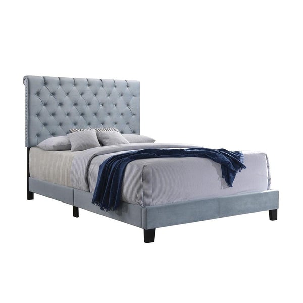 Fabric Upholstered Queen Size Bed With Scroll Headboard Design, Blue
