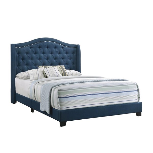 Fabric Upholstered Wooden Demi Wing Queen Bed With Camelback Headboard,Blue