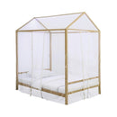 Full Size Metal Canopy Bed With Sheer Net And Overhead LED Lighting, Gold