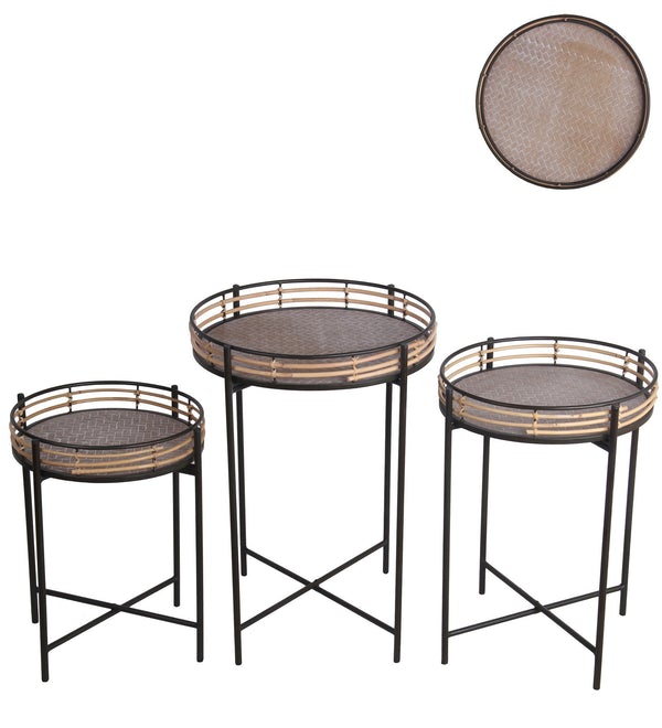 Rail Top Metal Accent Table With Tubular Legs, Set Of 3, Black And Brown