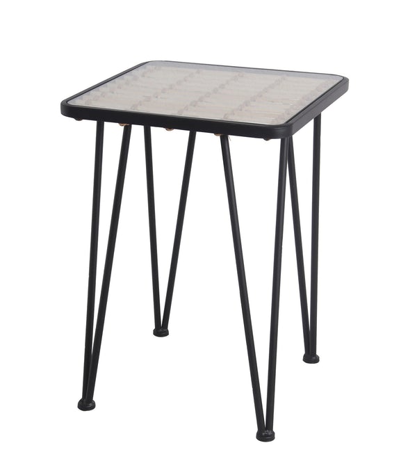 Metal And Glass Accent Table With Slatted Bamboo Top,Large, Black And Clear