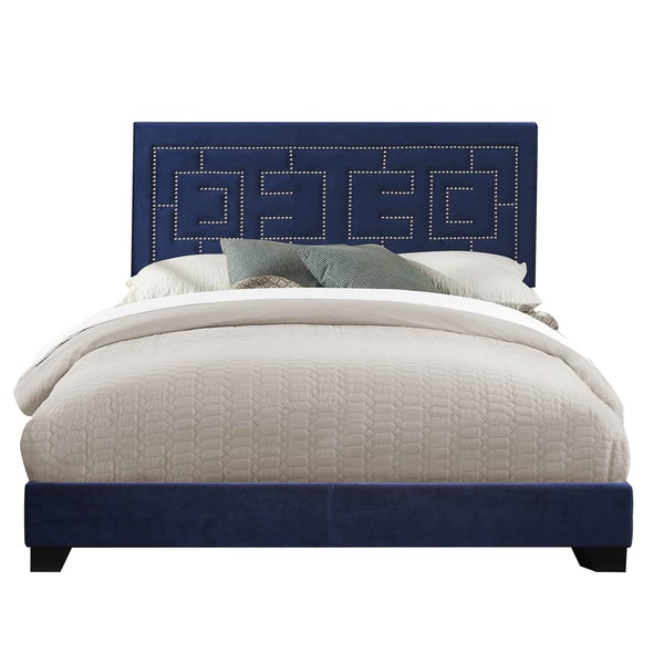 Fabric Eastern King Bed With Geometric Pattern Nailhead Trims, Blue