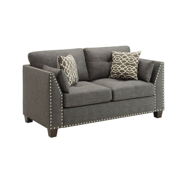 Wood And Fabric Loveseat With Accent Pillows, Gray