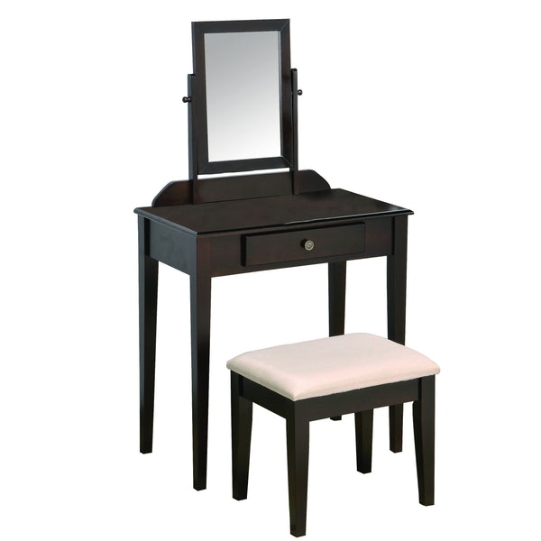 Wood And Fabric Vanity Set With Tilting Vertical Mirror, Brown And White