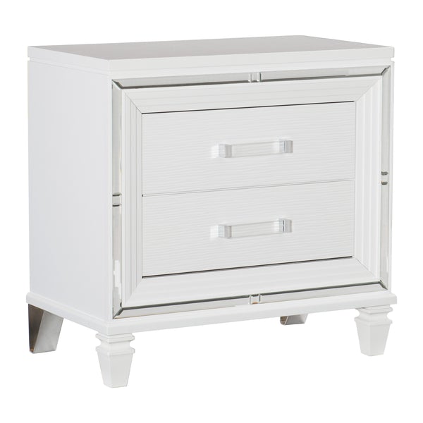 2 Drawer Wooden Nightstand With Acrylic Bar Pulls And Mirror Trim, White