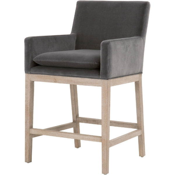 Fabric Upholstered Counter Chair With Track Arms, Gray And Distressed Brown