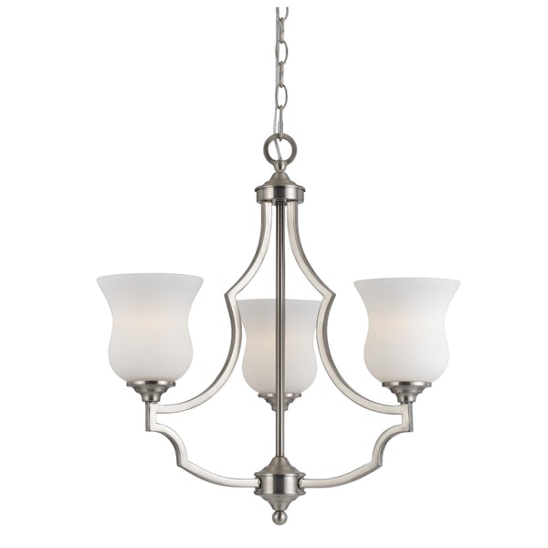 3 Bulb Uplight Chandelier With Metal Frame And Glass Shades,Silver And White - BM223048