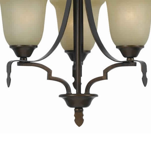 3 Bulb Uplight Chandelier With Metal Frame And Glass Shade,Bronze And Beige - BM223050