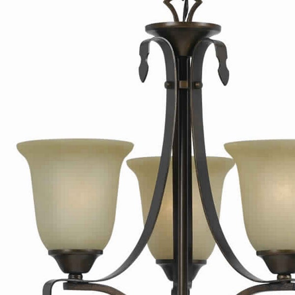 3 Bulb Uplight Chandelier With Metal Frame And Glass Shade,Bronze And Beige - BM223050