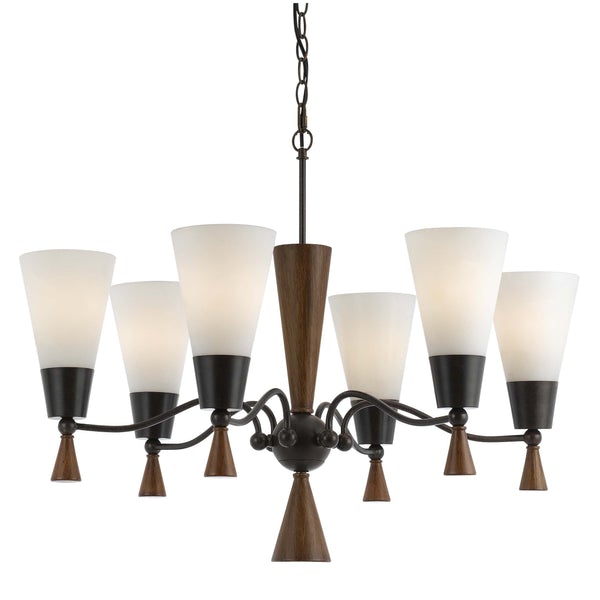 6 Bulb Uplight Chandelier With Glass Shade And Resin Accents,White And Brown - BM223074