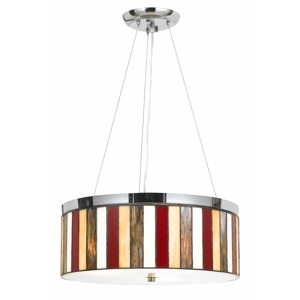 3 Bulb Glass Drum Chandelier With Stripe Pattern, Multicolor - BM223075