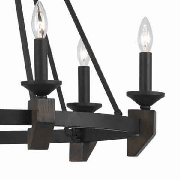 6 Bulb Metal Frame Wagon Wheel Candle Chandelier With Wooden Accents, Black - BM223076
