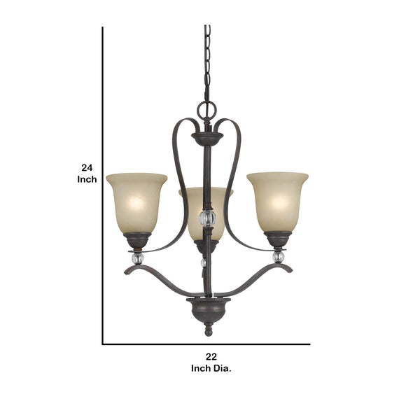 3 Bulb Uplight Chandelier With Metal Frame And Glass Shades, Gray And Bronze - BM223077