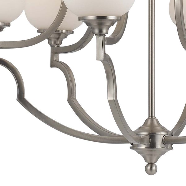 6 Bulb Uplight Chandelier With Metal Frame And Glass Shades,Silver And White - BM223080