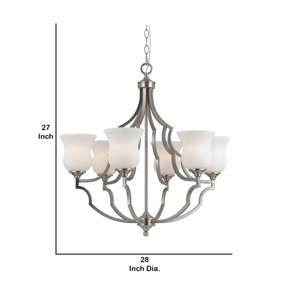 6 Bulb Uplight Chandelier With Metal Frame And Glass Shades,Silver And White - BM223080